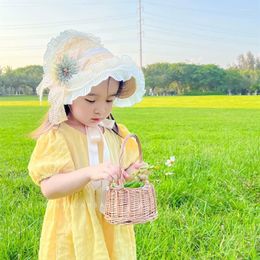 Hats Sweet Lolita Kid Flat Top Straw Hat Pastoral Flowers Victorian Wedding Tea Party Child Girl Surprise Gift Holiday Beach Festival