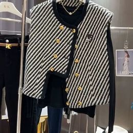 Women's Vests autumn small fragrance vest women's outer design double-breasted striped short vest jacket coats striped 230511