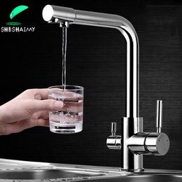 Kitchen Faucets SHBSHAIMY Filter Faucet Chrome Drinking Pure Water Tap Deck Mounted Dual Handles 3Ways and Cold Mixer 230510