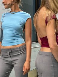 Women's Tanks Camis Nadafair Short Sleeve Backless Tops Women Multi Ways Wear Skinny Basic Summer Slim Cropped Cut Out Sexy T Shirt Crop Top 230511