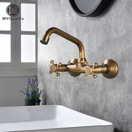 Kitchen Faucets Wall Mounted Bathroom Faucet Dual Handle Brass Antique and Cold Water Tap 360 Swivel Long Spout Mixer 230510