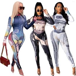 Womens Tracksuits Sexy Money Print Bodycon Jumpsuit Women Long Sleeve Romper Bodysuit Turtleneck One Piece Outfit Workout Club Wear