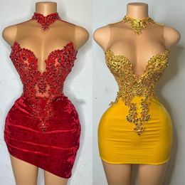 Elegant Yellow Party Dresses For Women Beading Sequin High Neck Short Prom Gowns Veet Abiti Da Tail