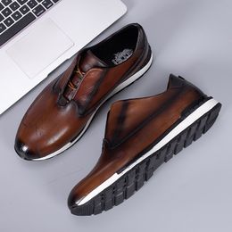 Genuine Mens Leather Lace Sneakers up Comfortable Oxford Vintage Casual Shoes for Men Outdoor Walking Flat Footwear A