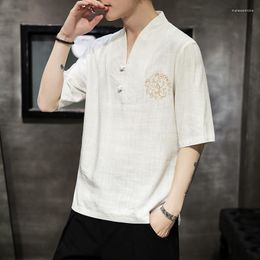 Men's T Shirts MRDONOO Summer Cotton Linen V-neck Embroidery Men T-shirt Chinese Style Retro Short Sleeve Shirt Breathable Comfortable Top