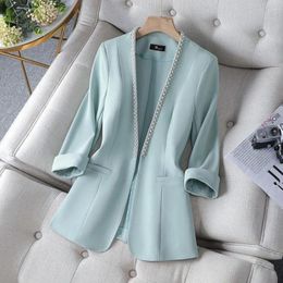 Women's Suits White Pearl V-neck Suit Coats Women's Fashion All-match Blazer Office Ladies Cardigan Jacket Female Spring Autumn