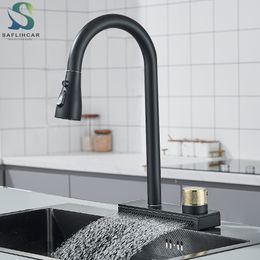 Kitchen Faucets Big Waterfall Black Cold Mixer Taps Single Hole Tap Rotatable Handle Sink Grey 230510