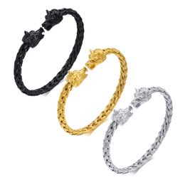 Stainless Steel Braided Bracelet Wolf Heads Cuff Bangle For Women Mens Silver Gold Black Jewellery Hip-Hop Punk Gifts n440