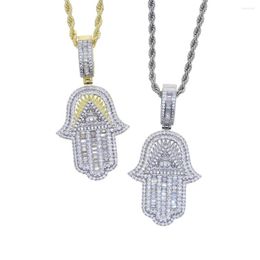 Chains Turkish Crystal Hand Hamsa Pendant Necklace Plated Gold Silver Color Hip Hop Jewelry With 5mm Cz Tennis Necklacs