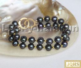 Strand Genuine 8" 2row 10mm Round Black Freshwater Pearls Bracelet C267