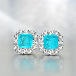 Stud Earrings 925 Sterling Silver Square Created Paraiba Tourmaline Gemstone Ear Studs Ladies Fine Jewellery