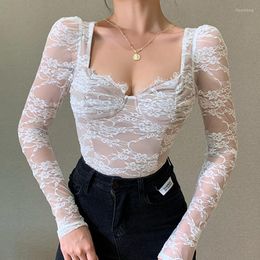 Damen T-Shirts 2023 Sommer Frauen Weiße Spitzenbluse Kurze Sexy Tops Langarm Rüschenhemd