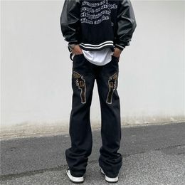 Mens Jeans Hip Hop Embroidered for and Women High Street Loose Straight Tube Wash Wide Leg Pants Fashion 230511