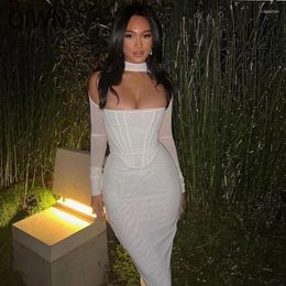 Casual Dresses QIWN Sexy Club Party Women Summer 2023 See Through Mesh Bodycon Midi Robe Femme Elegant Long Sleeve Hollow White Vestido