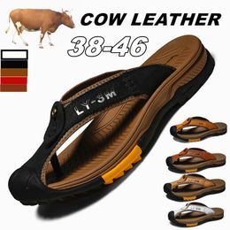 Flip Summer Genuine Men Flops Cow Leather Shoes Casual Outdoor Sandals Clogs Beach Slippers Platform Indoor Home Flipflo flo