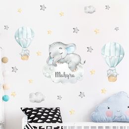 Party Decoration Cartoon Bear Air Balloon Clouds Grey Blue Custom Name Wall Stickers Watercolour Nursery Vinyl Decals for Kids Room Decor 230510