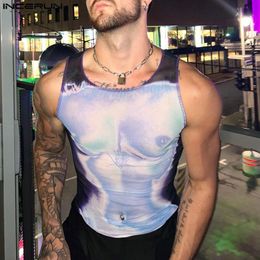 Men's Tank Tops Fashion 3D Printing Mesh Transparent Oneck Sleeveless Casual Vests 2023 Skinny Sexy Clothing S5XL INCERUN 230510