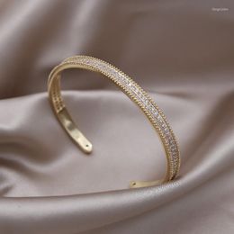 Bangle 2023 Korean Design Fashion Jewelry 14K Gold Plated Luxury Zircon Simple Open Bracelet Elegant Women's Daily Work Accessories