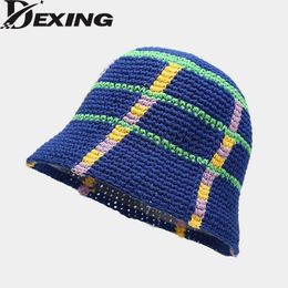 Stingy Brim Hats Hand Woven Cotton Yarn Crochet Bucket Hats Women Plaid Fishermans Hat Ladies Designer Autumn Winter Panama Knit Hat 230511