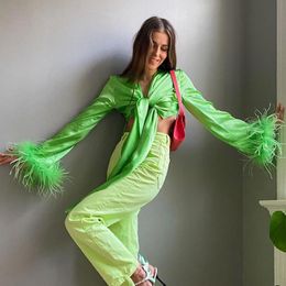 Shirts Women Satin TShirts Sexy Bow Tie Up Sexy Slim Women Bandage Shirt Low Cut Long Sleeve With Furry Feathers Green Satin Crop Top