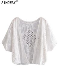 Cover-up Vintage Chic Women White Lace Embroidery Blouses Loose Crop Top Cardigan Short Sleeve Boho Shirts Blusas Coverups