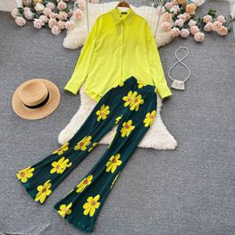 Women's Two Piece Pants Elegant Flower Print Pleated Pants Set Women Fall Long Sleeve Shirt Flare Trousers Suit Loose Shirts Two Piece Pant Set Matching 230511