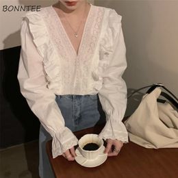 Women's Blouses Shirts Women Spring Female Tops V-neck Ruffles Solid Elegant French Fashion Cosy High Quality Chic Ins Daily Date Office 230510