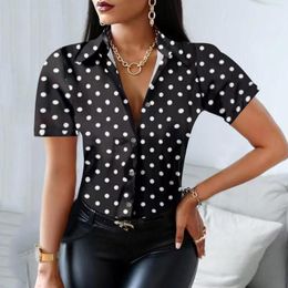 Women's Blouses Black Ol Shirts Women Short Sleeve Colorblock Vintage Polka Dots Print Shirt Turn Down Collar Top Business Blouse Ladies