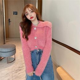 Women's Knits Sweaters Women Sweet Sexy Sueters De Mujer Lapel Mohair Pink Cardigan Crop Long Sleeve White Jacket Korean Chic Fashion Wild