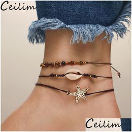 Chain Starfish Pendant Anklet Beads Shell Bracelet For Women Antique Sier Colour Sandal Statement Foot Boho Beach Drop Delive Dhgarden Dhsj9