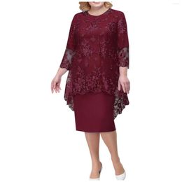 Plus Size Dresses 4xl-8xl Two-piece Set Solid Colour Crewneck Five-point Sleeve Dress Lace Smock Oversized Formal Women 2023