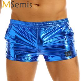 Men's Shorts Mens Shiny Metallic Boxer Shorts Low Rise Stage Performance Rave Clubwear Costume Males Shorts Trunks Underpants Bottoms 230511