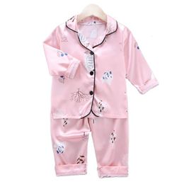 Pyjamas Baby Suit Home Wear 2-6 Yrs Baby Pyjamas Set Kids Clothes Toddler Boys Girls Lce Silk Satin Cartoon Printing Tops Pants Set 230511