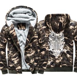 Autumn and Winter New Plush Camouflage Jacket Men's Youth Cardigan Owl Print Sweater Hooded Casual Sportswear{category}