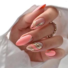 False Nails 24pcs Shiny Artificial Pink French Fake Press On Long Almond Stripe With Designs Full Cover Nail Tips