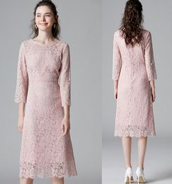 Sheath Short Prom Party Dress 2023 Jewel Neck Floral Lace 3/4 Sleeves Pink Women Evening Birthday Gowns Robe De Soiree Customed