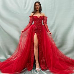 Kırmızı kapalı omuz yarık gece elbiseleri Söndürülebilir tren payet kılıfı ünlü elbisesi uzun kollu kristal robe de soiree