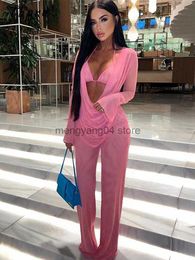 Women's Two Piece Pants 3Pcs Woman Sexy Strapless Mesh Backless Trousers Suit Lady Perspective Breathable Long Sleeve Lace Up Casual Draped Pants Suit T230512