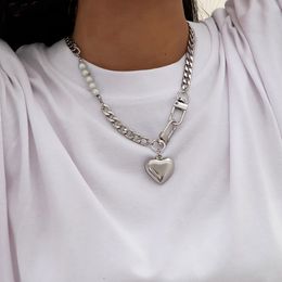 Salircon Punk Stainless Steel Heart Pendant Necklace for Women Kpop Steel Ball Lock Key Chain Necklace Gothic Jewellery Gift 2022