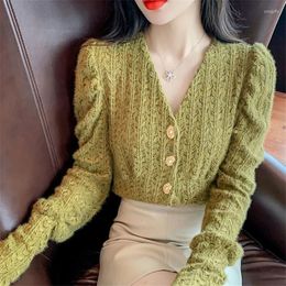 Women's Knits 2023 Spring Autumn Style V Neck Sweater Long-Sleeved Shirt Women's Bottoming With Sanded Puff Sleeve Lace Tops Green White