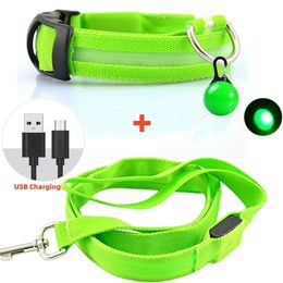 Dog Collars Leashes Led Glowing Leash Luminous Dog Collar With Pendant Set Luxury Light For Kinds Dogs Cat Night Safety Flashing Collar Accessories 230512
