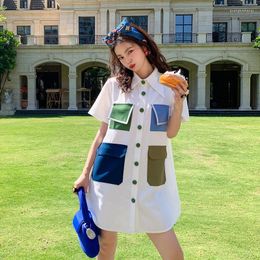 Women's T Shirts 2023 Summer White Shirt Dress French Bellflower Skirt Harajuku Tops Regular Patchwork Button Cotton Casual