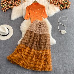 Two Piece Dress Autumn Winter Christmas Two Piece Knitted Sets Beading Stand Collar Short Sleeve Top Ball Gown Skirt Woman Sets Suits M69521 230512