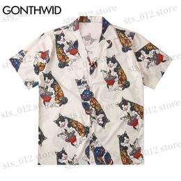 Men's Casual Shirts GONTHWID Hawaiian Beach Shirts Harajuku Japanese Tattoo Cat Print Shirt Streetwear Fashion Hip Hop Tropical Short Sleeve Tops T230512