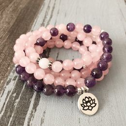 Chain test Woman Mala Necklace bracelets For Women Rose Quartzs Amethysts Yoga Bracelet Lotus 108 Beads Pink 230511