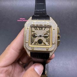 Man's Iced Out Diamond Watch Gold Case 43.5mm Black Leather Strap All Sub-Dials Work Quartz Movement Full Works Stopwatch