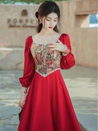 Casual Dresses Vintage Victorian Style Red Woman Retro Cottage Jacquard Floral Lantern Sleeve Bandage Princess Vestido Festa