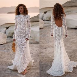 Boho Beach Mermaid Wedding Dresses Lace Long Sleeves Bridal Gown Custom Made Backless Wedding Gowns