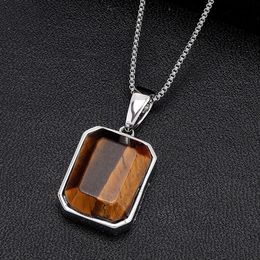 Tiktok Live Broadcast Square Natural Tiger Stone Pendant Necklace Solid Bling Large Charm 14k Gold Plated Personality Boyfriend Gift For Men Gemstone Bijoux