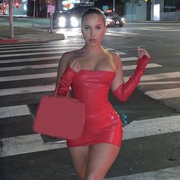 Casual Dresses 2023 Pu Leather Black Dress Women Sexy Tube Mini Long Sleeve Spring Fashion Streetwear Club Outfits Red